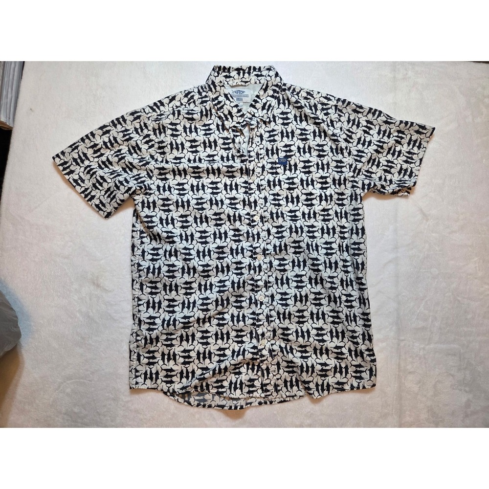 235 AFTCO Shark Print Fishing Shirt Men's M Button Up Short Sleeve Performance